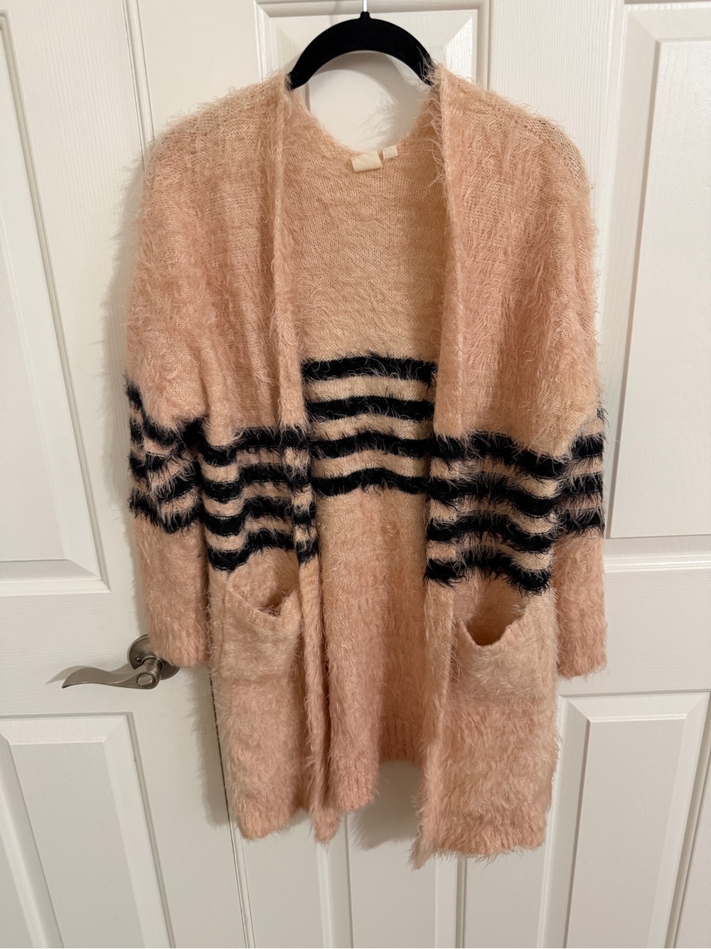 I Joah S Peach Black Stripe Shaggy Eyelash Knit Cardigan Open Front Pockets Long